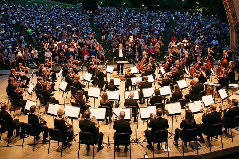 Symphony orchestra performing outdoors at dusk before a large lawn audience